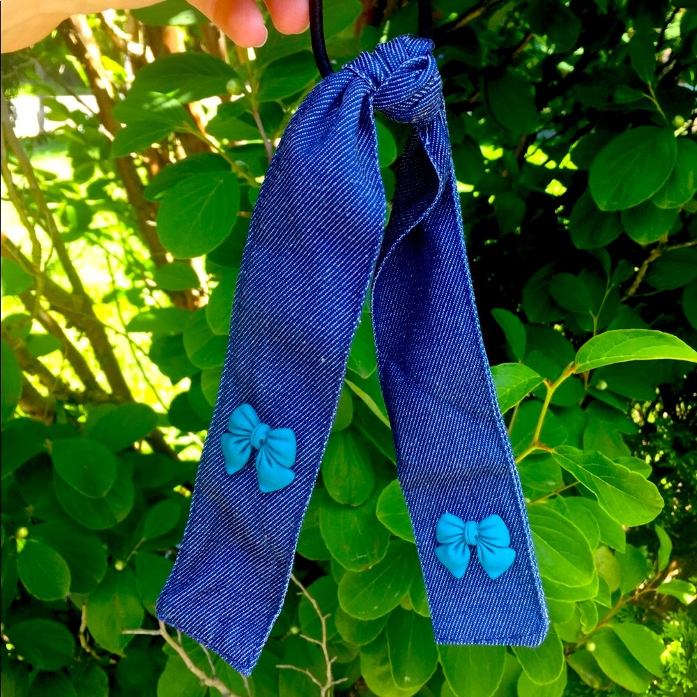 Denim hair tie with blue bow, ponytail holder